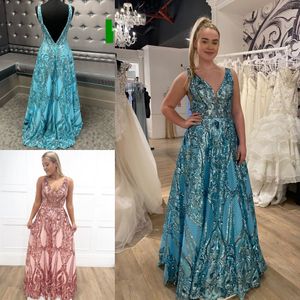 Sparkle Sequins Prom Klänningar 2020 En Linje V-Neck Golvlängd Lång Sweet 16 Klänningar Öppna V Bak Ärmlös Anpassning Gjorda Verkliga Foton