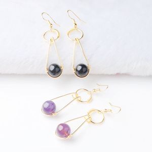 WOJIAER Earrings Clip-on & Screw Back Plated Gold Jewellery for Female Long Earrings Hook Dangle Natural Spectrolite Stone Round Beads BO953