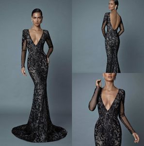 2019 Berta Sereia Vestidos de Noite Mergulhando V Neck Backless Manga Comprida Formal Vestido De Baile Com Appliqued Frisado Sexy Black Party Vestidos