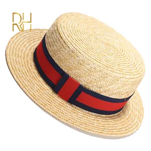 RH Natürlicher Weizenstroh-Boater-Fedora-Top-Flachhut für Damen, Sommer, Strand, flache Krempe, mit Schleife, Band für Urlaub, Party