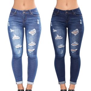 Lasperal 2019 Ny ankomst kvinna Hög midja Casual Denim Fickor Knapp Ripped Zipper Jeans Cotton Fly Skinny Pencil Full Jeans J190425