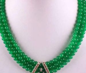 halsband Fri frakt ++++Modesmycken! 3 Rader 6mm Grön Jade Runda pärlor Halsband