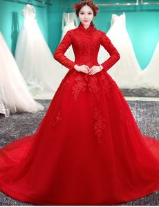 Red Modest Wedding Dresses Long Sleeves High Neck Arabic Women Modest Red Bridal Gowns Lace Tulle Custom Mdae Non White Bride's Dress