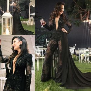 Sexy Black Jumpsuit Prom Dresses Plunging V Neck Long Sleeves Chiffon Train Lace Sequins Custom Made Celebrity Evening Party Gown 401 401