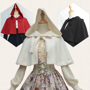 Japansk inspirerad stil vintage prinsessa härlig lolita kort kappa hooded poncho coat söta slipsar främre outwear mini jacka cape svart röd