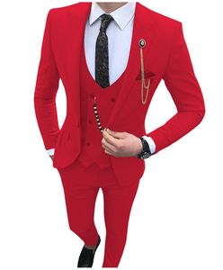 Excellent Red Groom Tuxedos Peak Lapel Groomsman Wedding Tuxedos Fashion Men Prom Jacket Blazer 3 Piece Suit(Jacket+Pants+Tie+Vest) 3