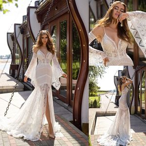 Silviamo Mermaid Wedding Dresses Spaghetti Long Sleeve Front Split Appliques Lace Bridal Gowns Sweep Train Robes De Mariée