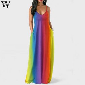 Womail Baskı Uzun Elbise Kadın Kayışları V Boyun Kolsuz Cepler Boho Maxi Rainbow V-Neck Dropship FEB14