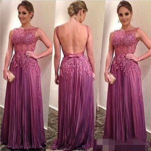 Abiti da ballo senza schienale color malva Tulle Lunghezza del pavimento Una linea Illusion senza maniche Fiocco in pizzo Applique Abito da sera con perline Formale Ocn Wear pplique