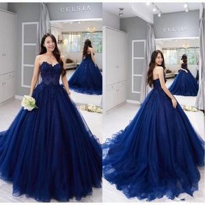 2021 New Strapless Prom Ball Gown Navy Quinceanera Dresses Vintage Lace Applique Ball Gown Formal Sweet 15 Party Dresses Vestido d251x