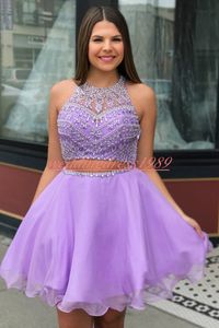 Elegancja Dwa Sztuczki Koraliki Szyfonowe Sukienki Homecoming 2019 Crew Neck Bez Rękawów Arabskie Juniors Club Wear Prom Dress Cocktail Party A-Line