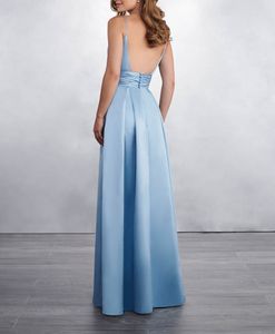 Cepler ile ışık Sky Blue Gelinlik Giydirme Seksi Backless Kat Uzunluk Saten Gelinlik Modelleri Spagetti Backless Uzun Parti Abiye