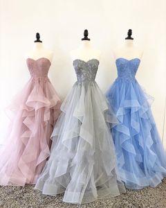 Wholesale rose formal dresses for sale - Group buy Real Photo Sliver Applique Evening Prom Dresses Sweetheart lace Dusty Rose Blue Tulle A line Ruffled Backless Party Pageant Formal Dress