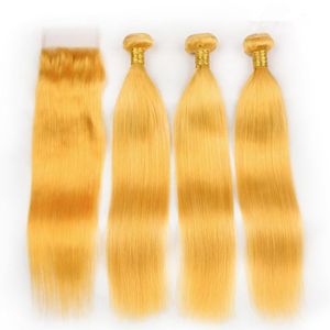 Amarelo puro brasileiros Tece cabelo humano com fecho Hetero colorido amarelo Virgin Cabelo Pacotes ofertas 3Pcs com 4x4 dianteira do laço de Encerramento