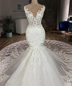 Gorgeous Mermaid Lace Wedding Dresses Chapel Train Lace Appliqued Bridal Gown Custom Made Vestidos De Novia