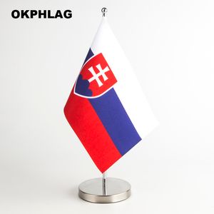 Slovakia Table desk Flag with silver flagpole base country banners 14*21CM for Office House Party Customize