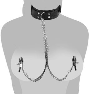 leather bondage Adult sex products tie collar with nipple clip fetish game for male