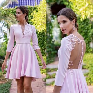 Barato Pálido rosa pálido mini dama de honra vestidos lace apliques de mangas compridas festa formal vestidos de cocktail bd9053