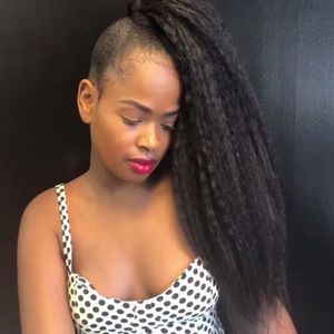 Yaki düz saçlarınızı Afrika Ribbob siyah kadınlar 1b için yaki içinde Düz at kuyruğu İpli insan Saç at kuyruğu uzantısı klibi sarar kinky