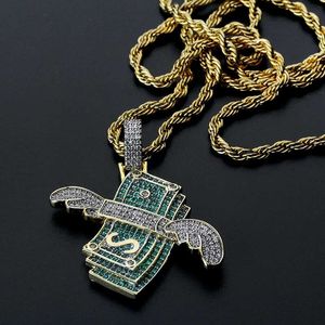 Mode-Geld-Flügel-Diamant-Anhänger-Halsketten für Männer, Luxus-Kristall, fliegende US-Dollar-Anhänger, 18 Karat vergoldete Kupferketten-Halskette