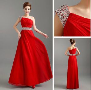 Красный шифон с одно плечо свадебные платья для вечеринок талия хрустальные штуковины подружки невесты платья длина длина длинное формальное платье