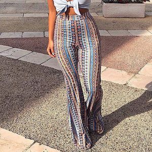 2018 Kadınlar Çizgili Baskılı Yeni Boho Flare Pantolon Yüksek Elastik Bel Vintage Yumuşak Streç Etnik Tarzı Çan Alt Hippi Pantolon V191019