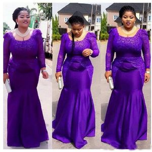 Lila balklänningar sjöjungfru långärmade fyrkantiga afrikanska nigerian aftonklänningar i stora storlekar festklänningar för kvinnor