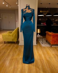 Aso Ebi 2020 Arabic Navy Blue Cheap Sexy Evening Dresses Lace Beaded Prom Dresses High Neck Formal Party Second Reception Gowns ZJ056