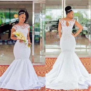 Plus Size Mermaid Bröllopsklänningar Kepsarmuffe Lace Sheer Neck Bridal Gowns Appliques Sweep Train South African Billiga Bröllopsklänning