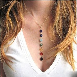 7 Chakra-Perlen-Anhänger-Halskette mit echten Steinen – Mala-Y-förmige Kettenhalsketten – Reiki-Chakra-Heilenergie-Perlen, Yoga-Halskette, DHL-frei