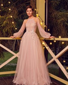 Wholesale soft pink evening dresses for sale - Group buy Pink Evening Dresses Long Sleeves Scoop Neck Appliqued Lace Prom Dress Ruffle Soft Tulle Sweep Train Custom Made Elegant Formal Party Gown