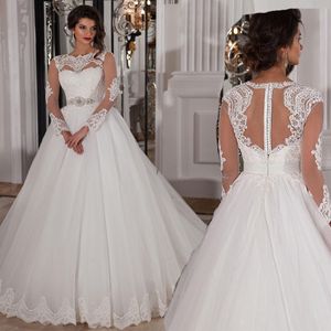 Plus Size Wedding Dresses Long Sleeve Appliqued Lace 2020 Arabic Ball Gown Vestidos De Novia Buttons Back Puffy Illusion Bridal Gowns AL6219
