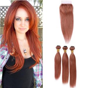 Copper Red Hair Bundles and Closure Peruvian Straight #33 Dark Auburn Weaves Human Hair Extensions with Reddish Brown Lace Closure 4x4