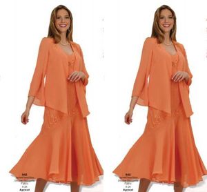 2019 Orangefarbenes Chiffon-Kleid für die Brautmutter mit Jacke, 3/4-Ärmel, Teelänge, Abendkleider in Übergröße für Hochzeitsgäste