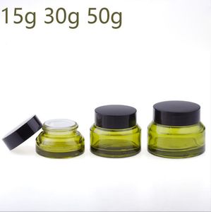 15G 30G 50G الجرار الزجاجية لمستحضرات التجميل GREEN AMBER CREAM CREAM عبوات مستحضرات التجميل مع غطاء بلاستيكي سوداء الغطاء