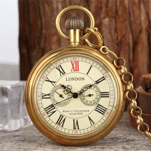 Antique Copper London Dial Pocket Watches Automatic Mechanical Watch Skeleton Clock for Men Women Pendant Necklace Chain Gift