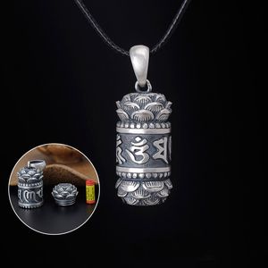 S990 sterling silver sex arbeten buddhism smycken surangama mantra locket hänge halsband retro män ordspråk gawu box lotusöppningsbar förvaringsväska