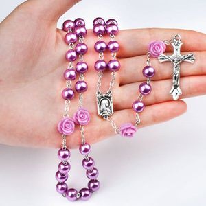 Hot Sale Charm Necklaces Purple Imitation Pearl Rose Catholic Rosary Necklace cross Virgin Religious necklace Christmas Gift