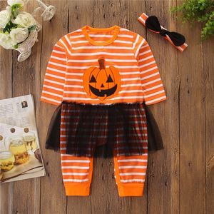 Baby Halloween Romper Barn Pumpkin Tryckt Långärmad Striped Jumpsuit Kläder Kids Designer Partihandel Halloween Kostym 2 stilar
