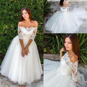 New Cheap Vintage Country Beach A Line Wedding Dresses Off The Shoulder Appliques Lace Half Sleeves Ankle Length Tulle Formal Bridal Gowns