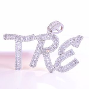 New Iced Out Baguette Initials Letters Pendant Chain Gold Silver Bling Zirconia With rope chain Men's Hip Hop Jewelry