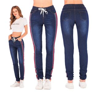 Mulheres tamanho Grande trecho mais jeans soltos Jeans Elastic Plus Casual Cordão Recortada das mulheres nove pontos Jeans de carga outono T190828