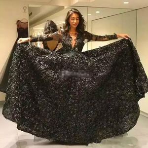 2020 Black Long Sleeves Prom Dresses Sheer Scoop Neck Lace Appliue Sweep Train Custom Made Plus Size Formal Occasion Wear Evening Party Gown