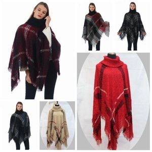 Plaid Poncho Fashion Knit Cashmere Scarves Tjej Kontrollera Vintage Cape Scarf Wrap Lady Winter Shawl Cardigan Blankets Cloak Coat Sweater D6125