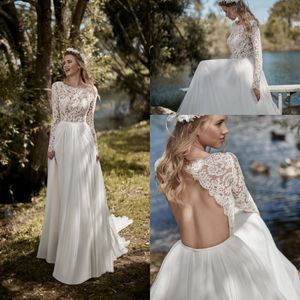 Prosta linia Maisonsignore Czeski Dresses Jewel Neck Długi Rękaw Tulle Koronki Aplikacja Hollow Wedding Suknie Sweep Robe de Mariée