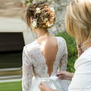 Biały Tulle Koronki Boho Suknie Ślubne V Neck A-Line 3/4 Długie Rękawy Pas Pasek Backless Letnie Suknie Ślubne Suknie Ślubne Robe de Mariee