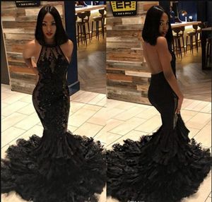 Black Mermaid Prom Klänningar Se igenom Lace Appliques Sexig Backless Aftonklänningar Tiered Ruffles Sweep Train Formell Party Dress Cheap