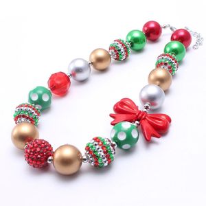 New Design Christmas Baby Kid Chunky Necklace Best Gift Red Bow Bubblegume Bead Chunky Necklace Jewelry For Baby Kid Girl