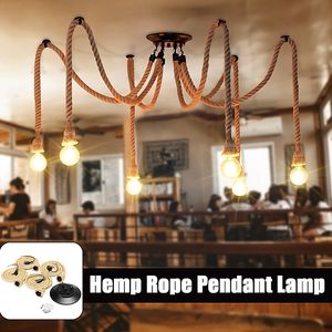 Konopia linowa LED żyrandier Mordern Nordic Retro Antyczne Regulowane DIY Sztuka Pająk Lampy sufitowe do jadalni Bar Pokój