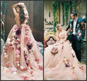 2020 Nova Champange Flores de vestidos de casamento linha de um ombro casamento Querida Designer vestidos em linha com Capela Trem vestidos de novia